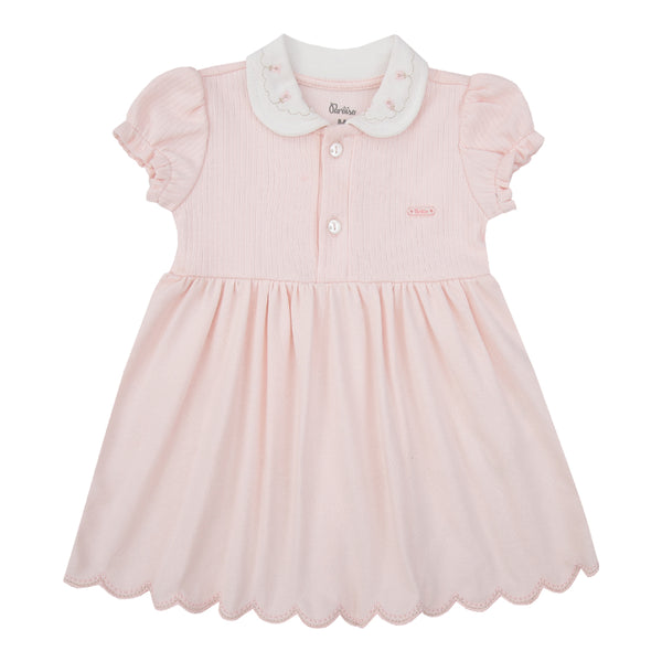 Vestido Bebê Suedine com Gola Bordada Floral, Manga Franzida e Saia Rodada