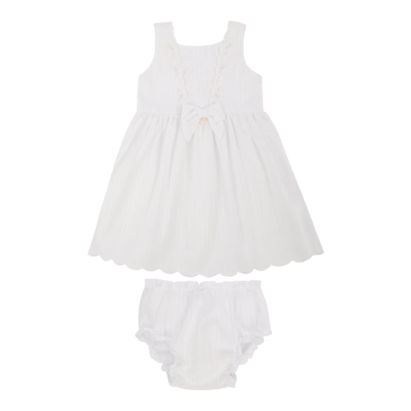 Vestido Bebê Batizado Branco Tricoline Jacquard com Bordado e Calcinha