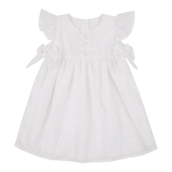 Vestido Bebê Ceriônia Branco Voil Bordado com Manga Babado e Laços Laterais