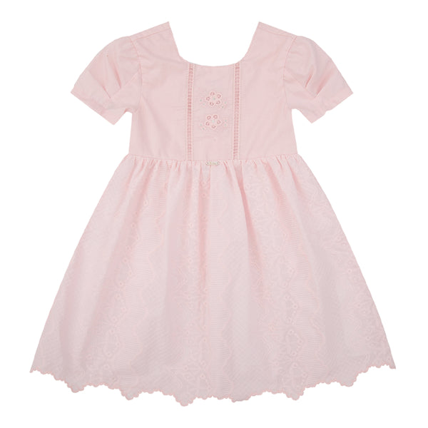 Vestido Infantil Ceriônia Lese com Bordado Vazado, Saia Franzida e Barra Bordada