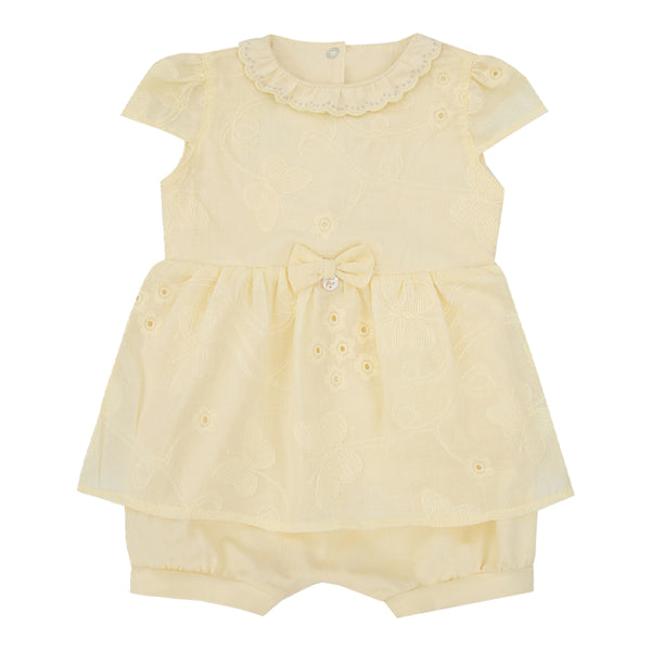 Macacão Curto Bebê Efeito Vestido Malha Conforto com Laise e Laço Bordado