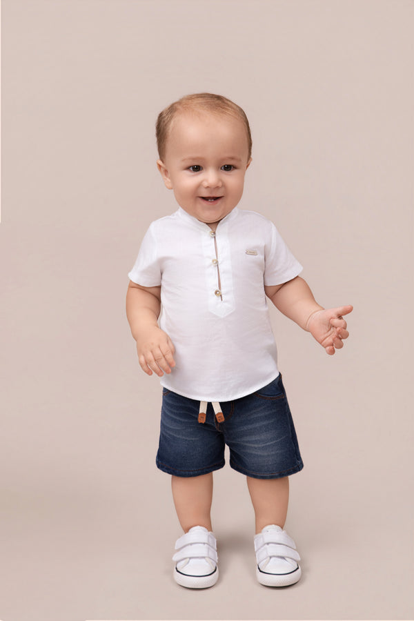 Bata Infantil Masculino Manga Curta Silk Algodão com Gola Redonda