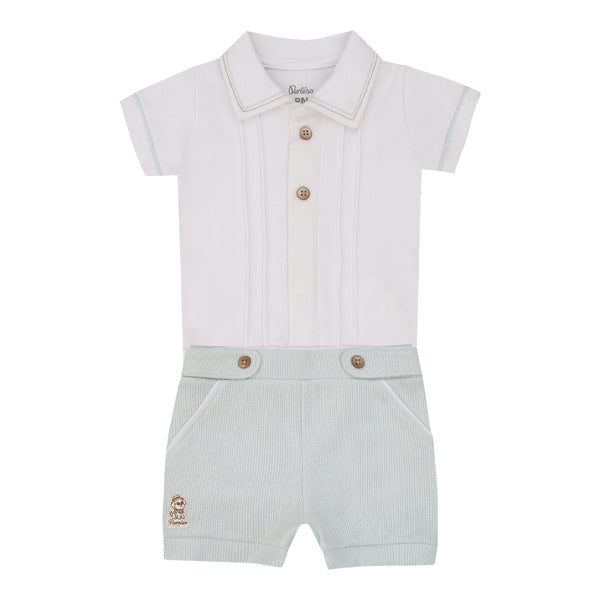 Conjunto Bebê Masculino Body Suedine Gola Bordada com Shorts Quadriculado