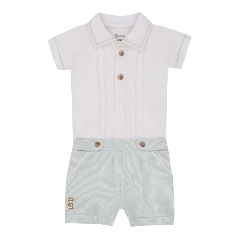 Conjunto Bebê Masculino Body Suedine Gola Bordada com Shorts Quadriculado - Image 2
