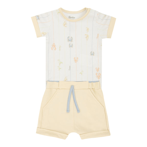 Conjunto Baby Unissex Body Manga Curta Malha Conforto e Shorts Legging com Bordado