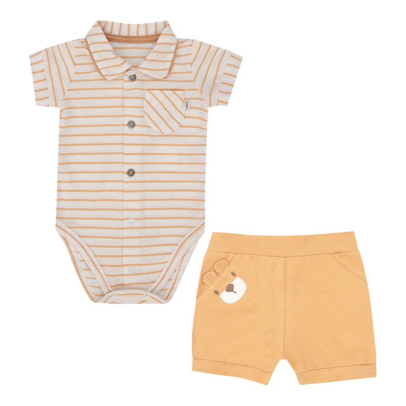 Conjunto Baby Unissex Body Listrado com Botões de Pressão e Shorts com Bordado - Image 2