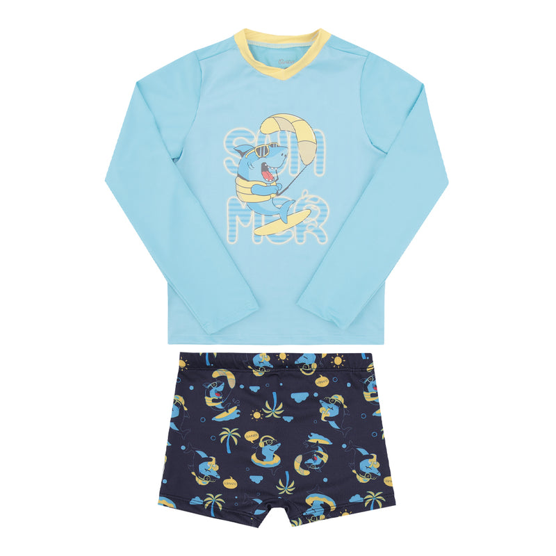 Conjunto Praia Infantil Masculino Manga Longa UV com Sunga Boxer e Estampa de Tubarão - Image 2
