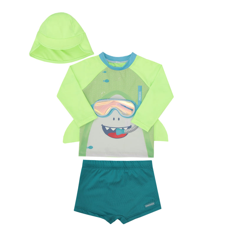 Kit Praia Infantil Malha UV Manga Longa com Sunga e Chapéu Aba Ampla - Image 5