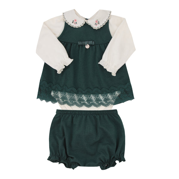 Conjunto Bebê Feminino Body Manga Longa com Bata Franzida, Renda e Bundão