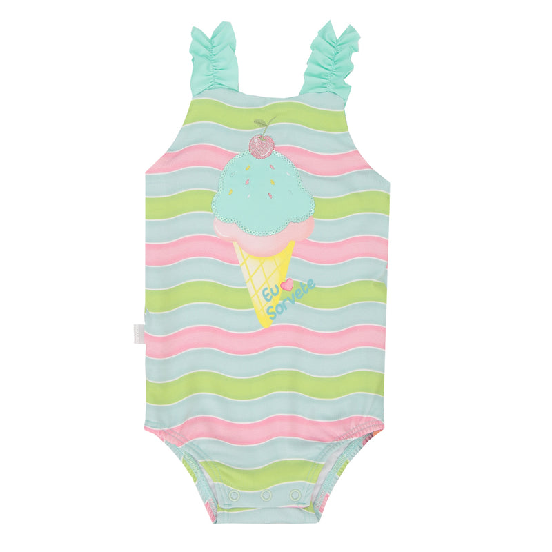 Maiô Infantil Feminino Listrado com Alças Babado, Bordado em Aplique e Proteção UV - Image 2