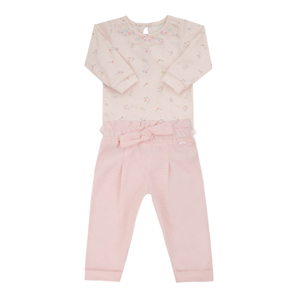 Conjunto Baby Feminino Body Manga Longa Estampado com Bordado e Calça Clochard