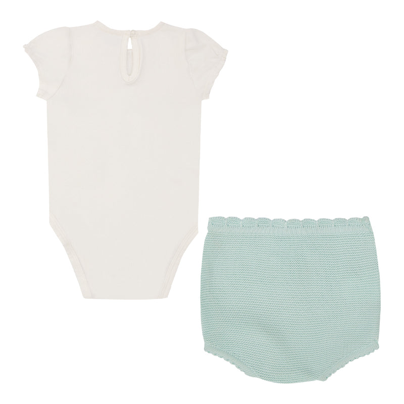 Conjunto Baby Feminino Body Manga Curta com Bordado Franzido e Shorts em Tricô - Image 5