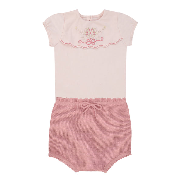 Conjunto Baby Feminino Body Manga Curta com Bordado Franzido e Shorts em Tricô