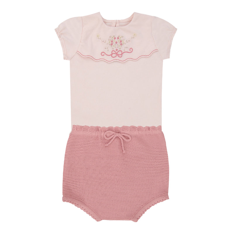 Conjunto Baby Feminino Body Manga Curta com Bordado Franzido e Shorts em Tricô - Image 2
