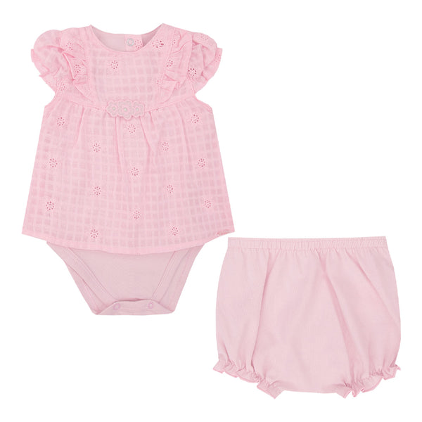 Conjunto Baby Feminino Blusa Laise Franzida com Bordado e Body Embutido