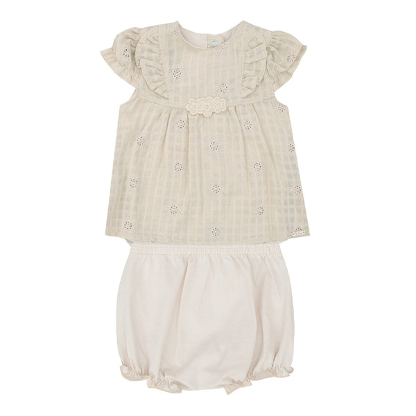 Conjunto Baby Feminino Blusa Laise Franzida com Bordado e Body Embutido