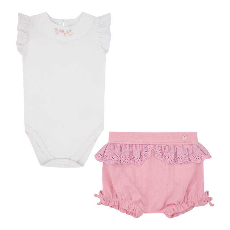 Conjunto Baby Feminino Body Manga Babado com Bordado e Shorts Tricô Canelado - Image 2