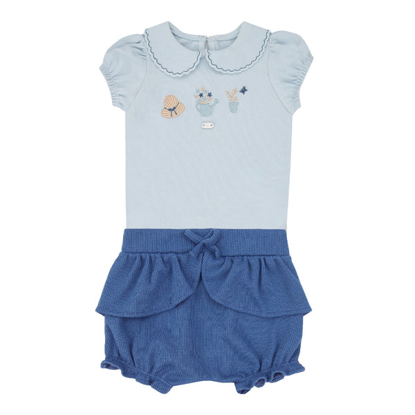 Conjunto Baby Feminino Body Manga Franzida Bordado com Shorts Quadriculado Babado