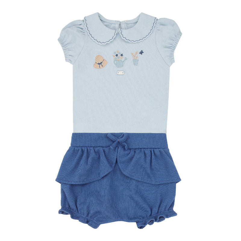 Conjunto Baby Feminino Body Manga Franzida Bordado com Shorts Quadriculado Babado - Image 2