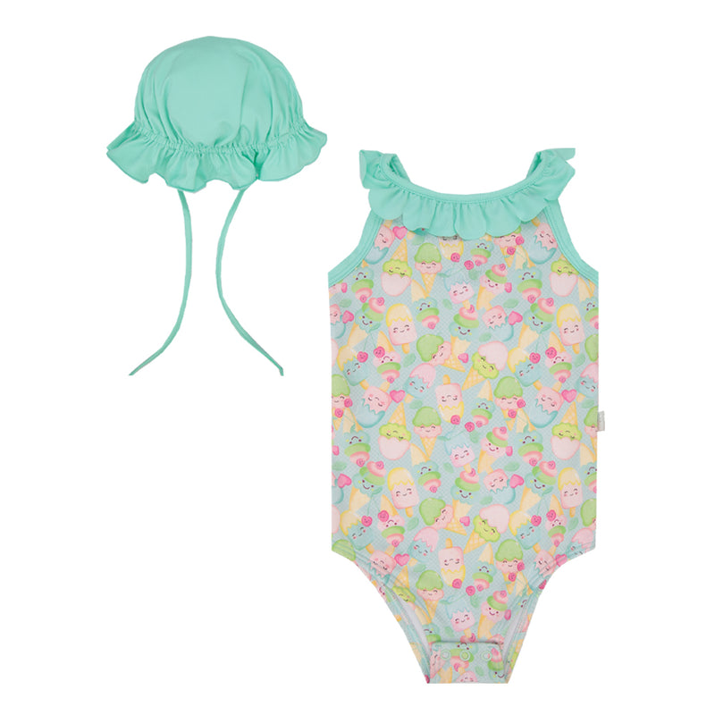 Kit Praia Infantil Feminino Maiô Proteção UV com Babado e Chapéu Franzido - Image 5