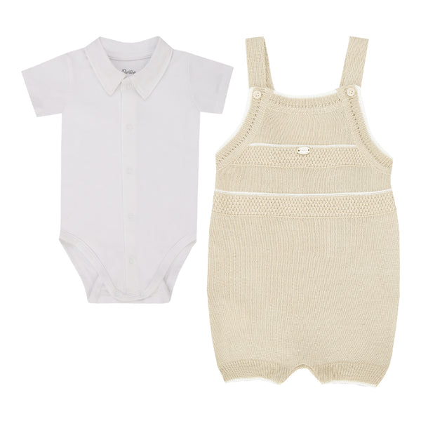 Conjunto Bebê Malha Conforto Gola Polo com Jardineira em Tricô Trabalhado