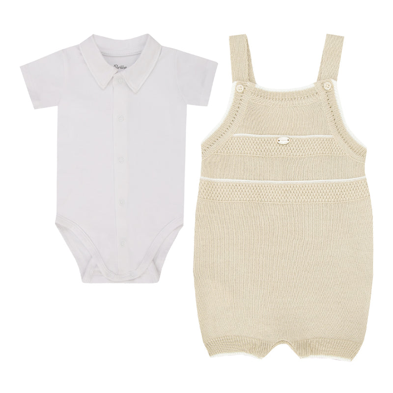 Conjunto Bebê Malha Conforto Gola Polo com Jardineira em Tricô Trabalhado - Image 2