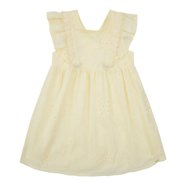 Vestido Infantil em Laise com Bordado de Borboleta e Mangas Franzidas