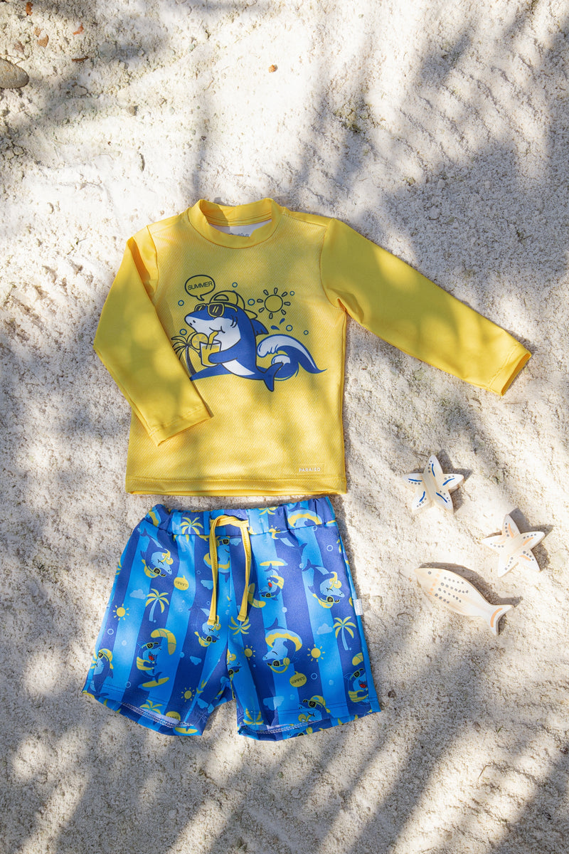 Conjunto Praia Infantil Blusa Manga Longa UV Estampa Tubarão com Shorts Tecnospan - Image 2