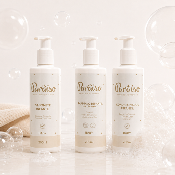 Kit Banho Completo Paraiso Baby | Shampoo + Sabonete + Condicionador Infantil