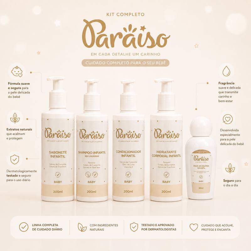 Linha cuidado e carinho Paraiso Baby | Shampoo + Sabonete + Condicionador + Hidratante + Colônia - Image 2