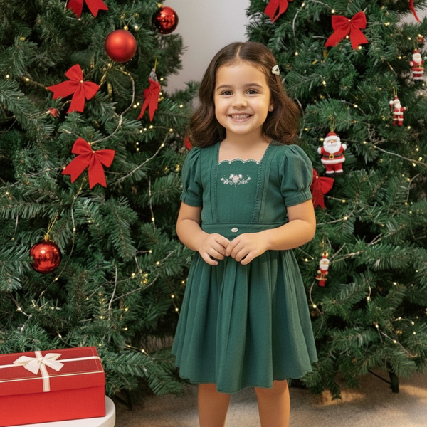 Vestido Jacquard Bordado com Renda, Mangas com Preguinhas e Cinto com Laço Decorativo Paraiso