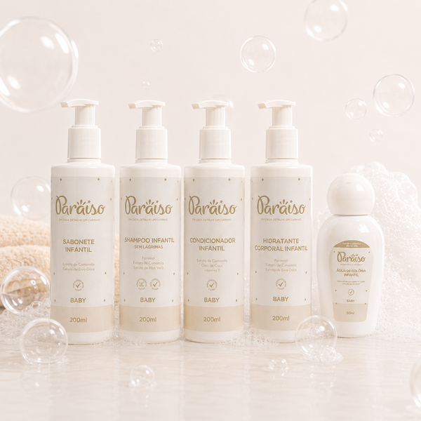Linha cuidado e carinho Paraiso Baby | Shampoo + Sabonete + Condicionador + Hidratante + Colônia