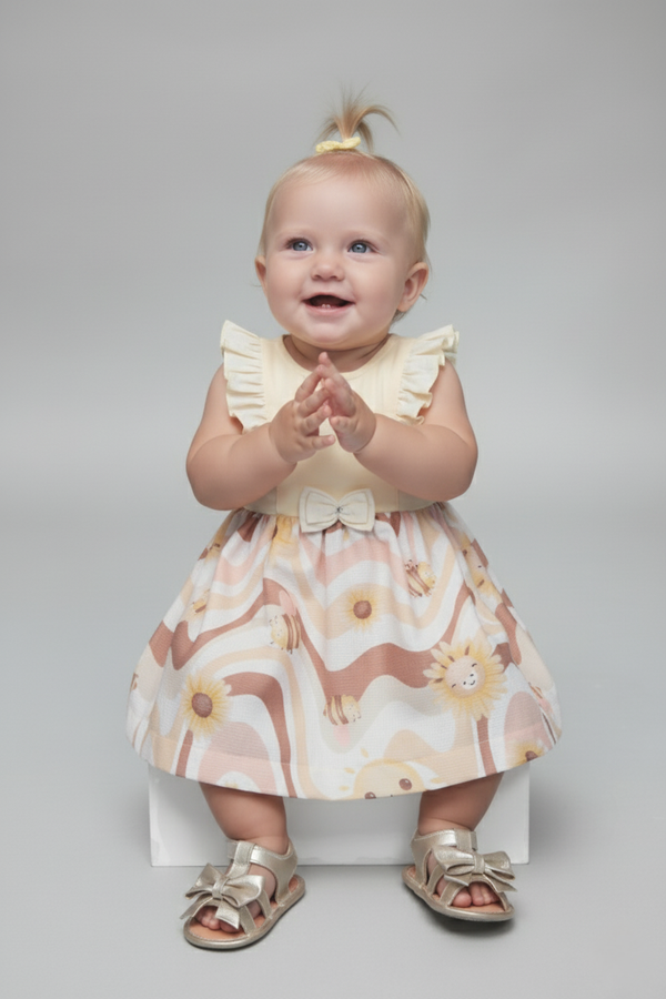 Vestido Verão Feminino Em Malha Lisa E Estampada Com Babado Franzido Le Bhua